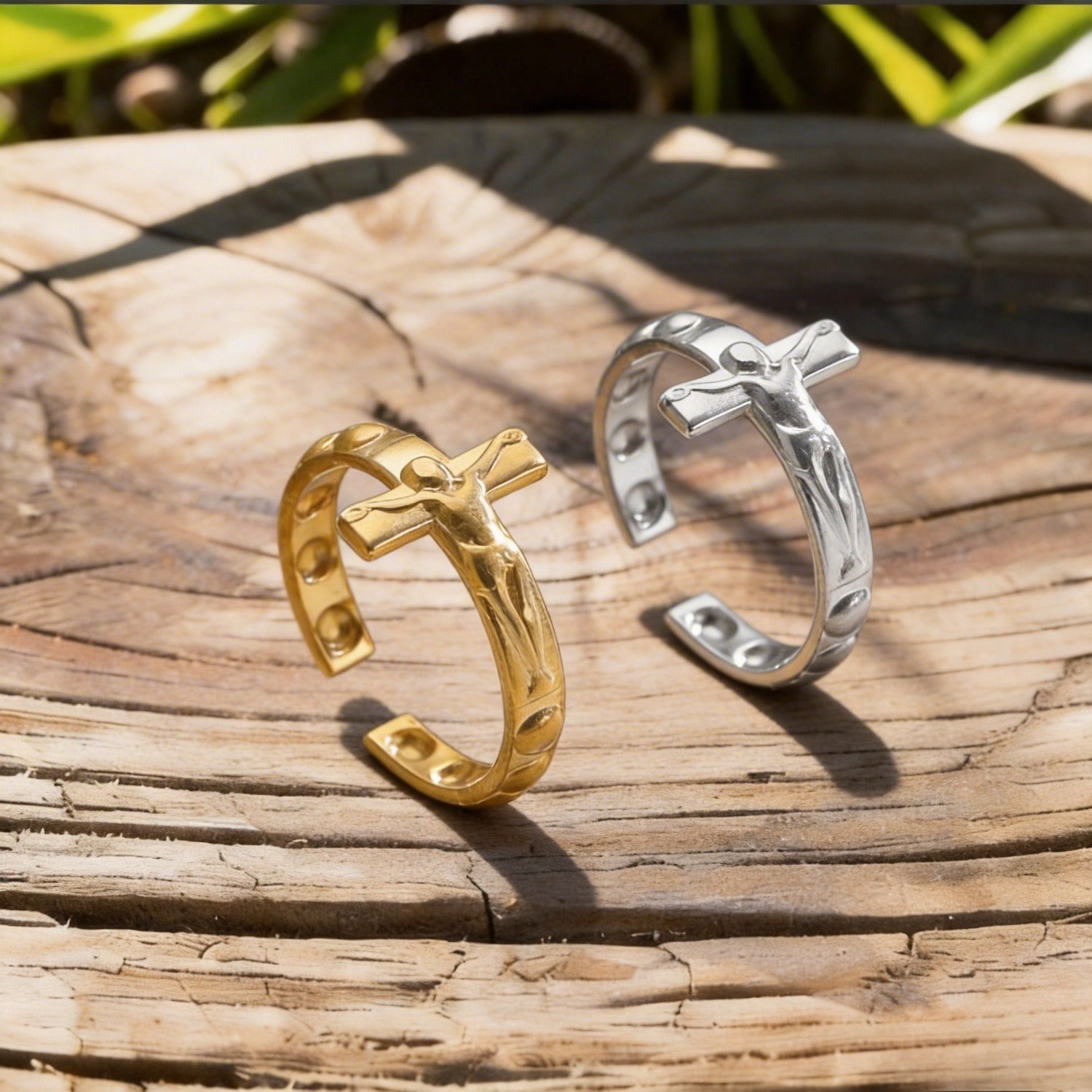 Stainless Steel Cross Portrait Open Ring Vintage Minimalist Unisex Band