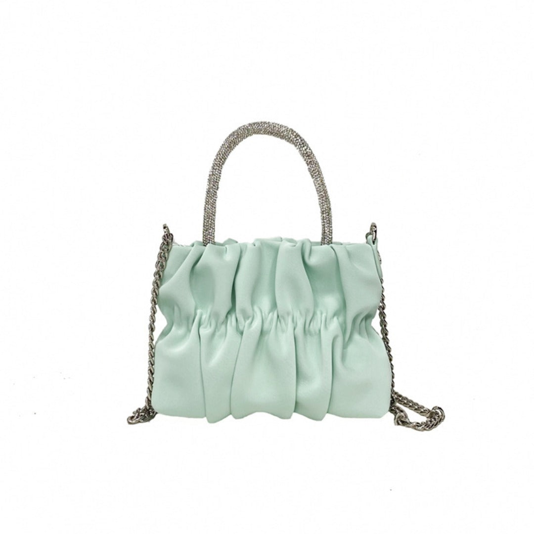 Mini rhinestone hand-held pleated bag, fashion party tote crossbody cloud chain woman