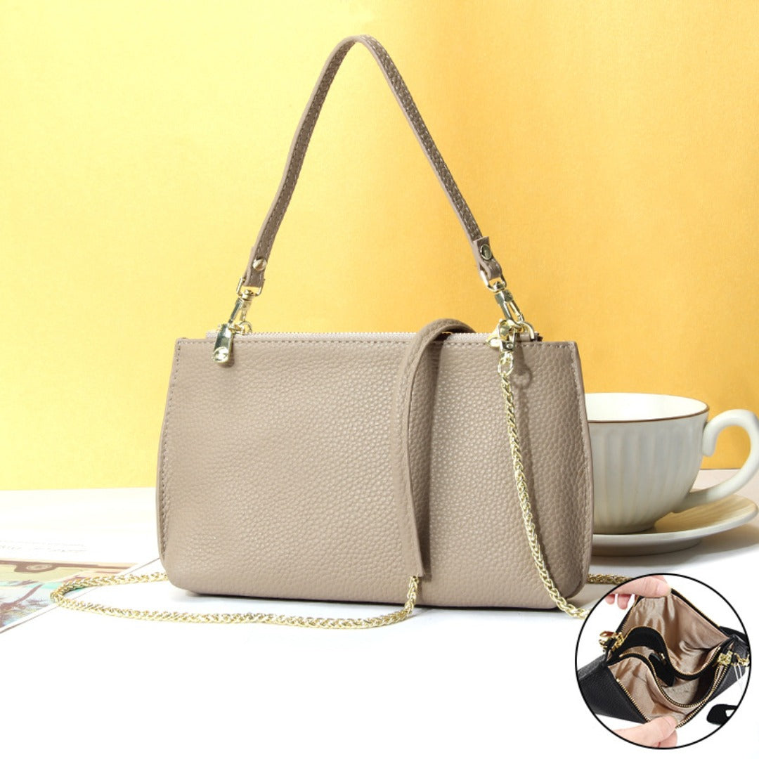 Genuine Leather simple shoulder bag women, stylish large capacity bag, tote purse double zipper, leather chain bag