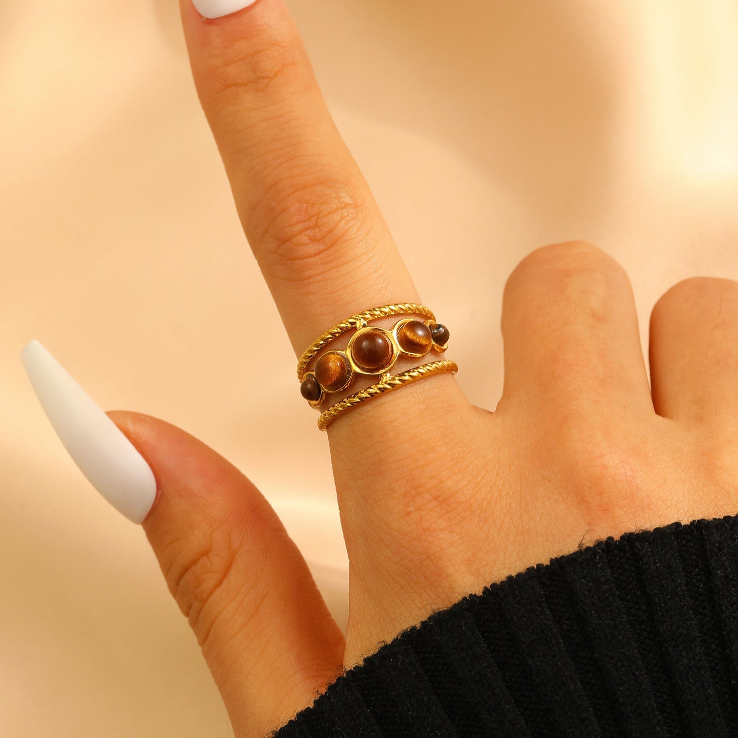 Stainless Steel Openwork Pearl & Tiger Eye Ring
