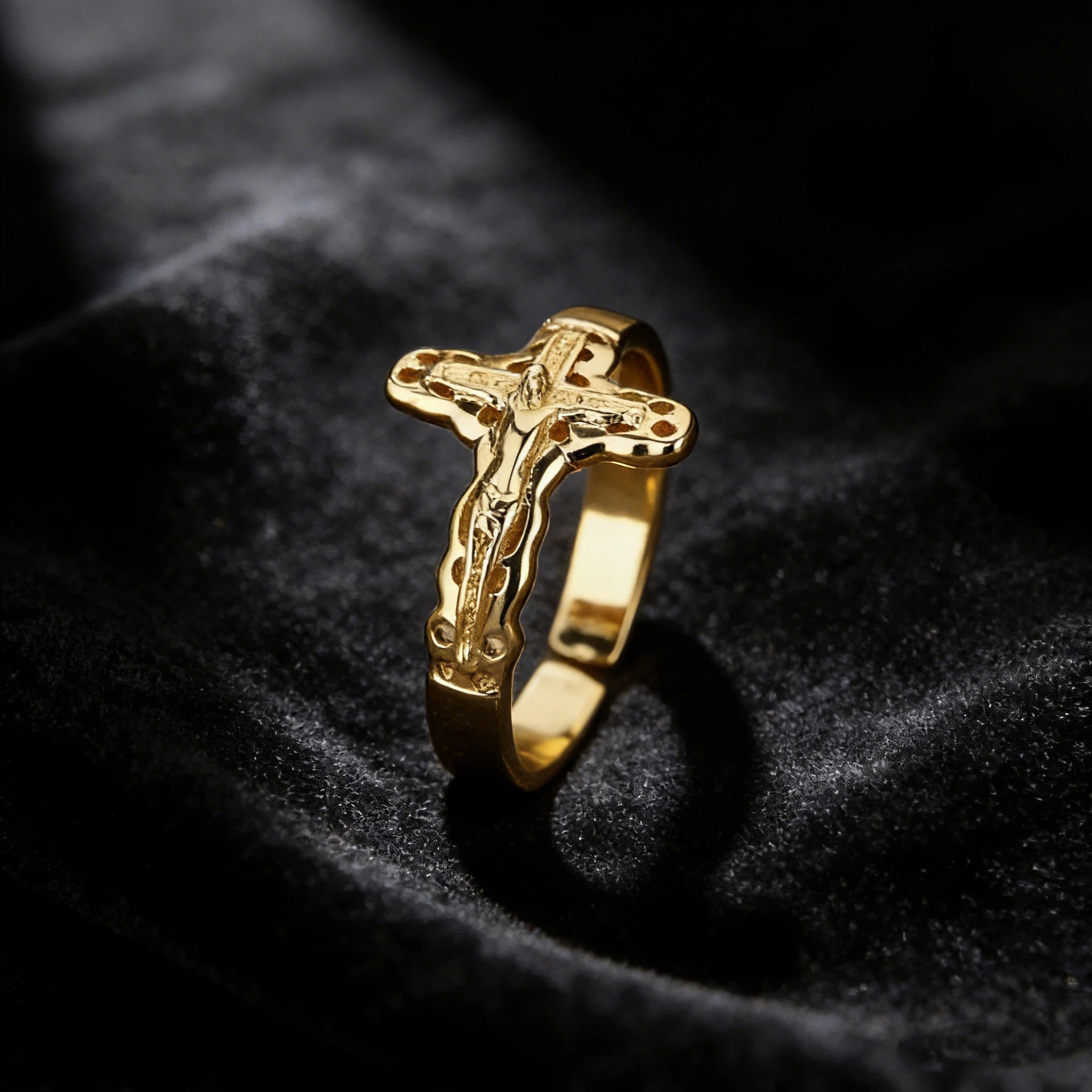 Stainless Steel Cross Portrait Open Ring Vintage Minimalist Unisex Band