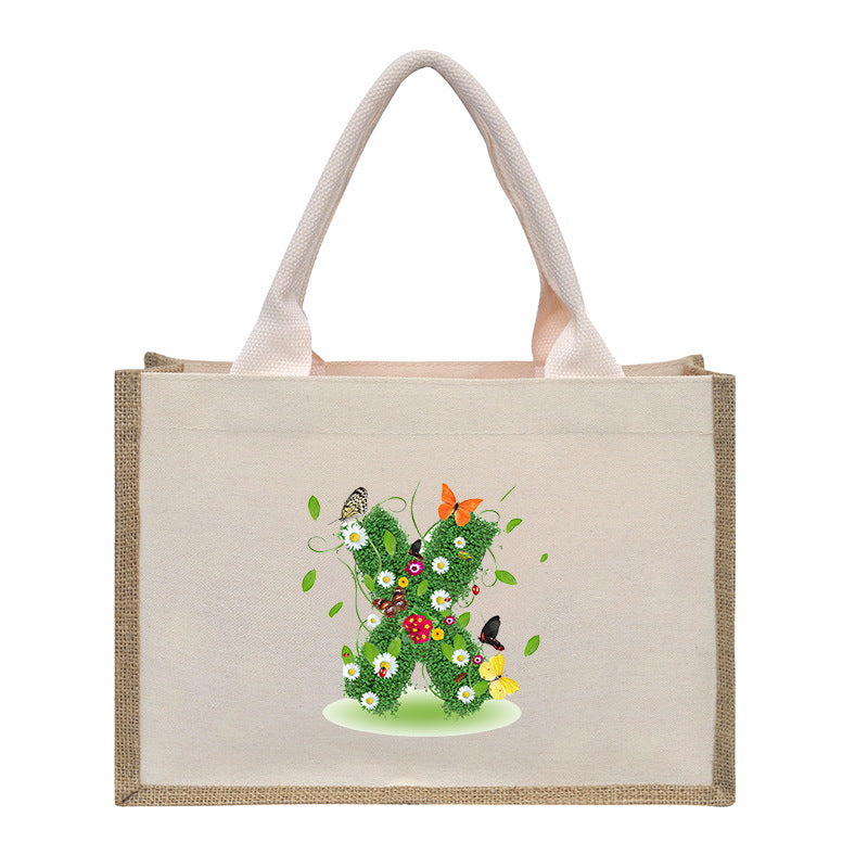 Cotton and linen canvas tote bag, printed letter tote bag, portable light handbag, gift shopping bag