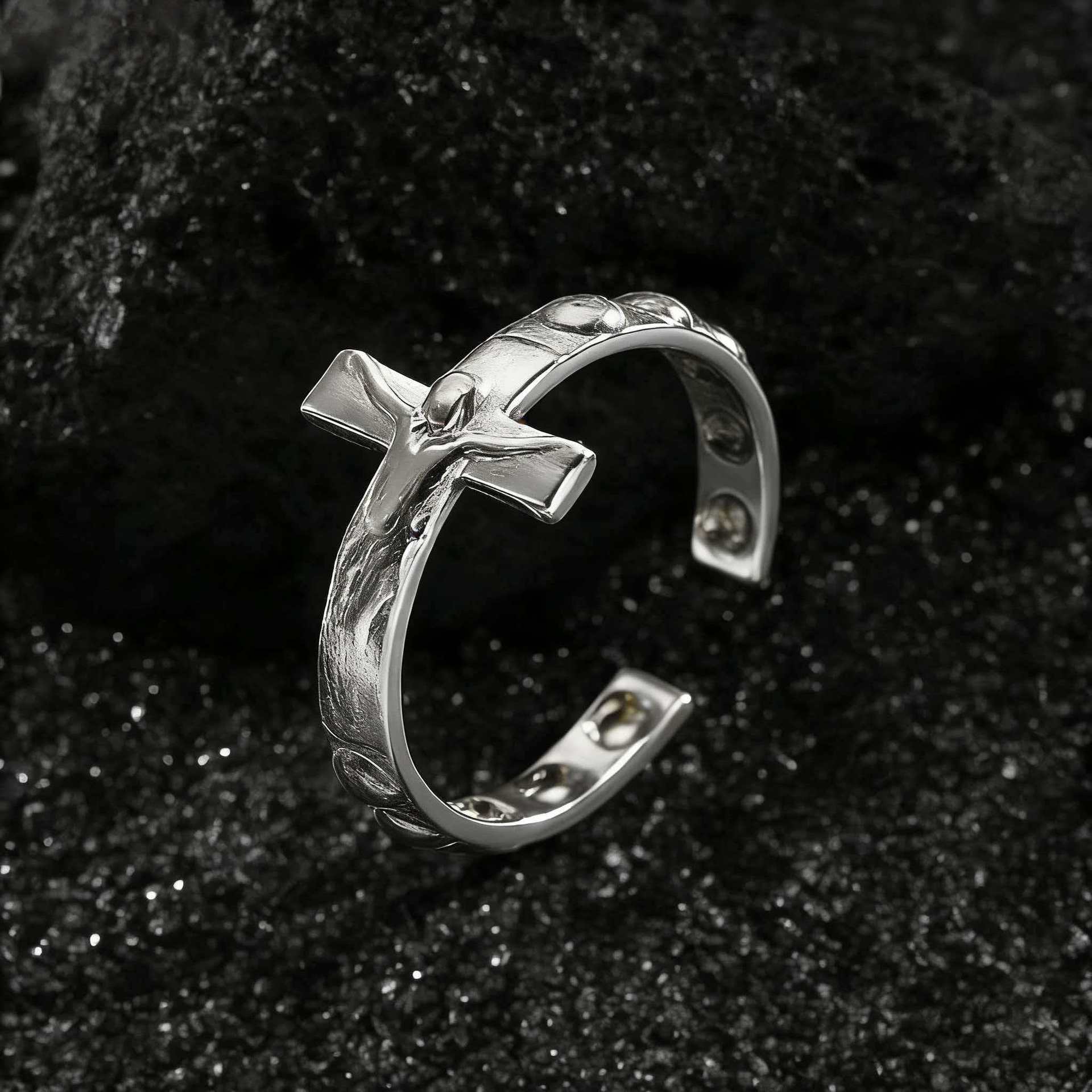Stainless Steel Cross Portrait Open Ring Vintage Minimalist Unisex Band