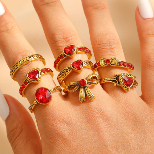 Art Vintage Palace Heart Geometric Red Zircon Bow Ring Women Luxury Band
