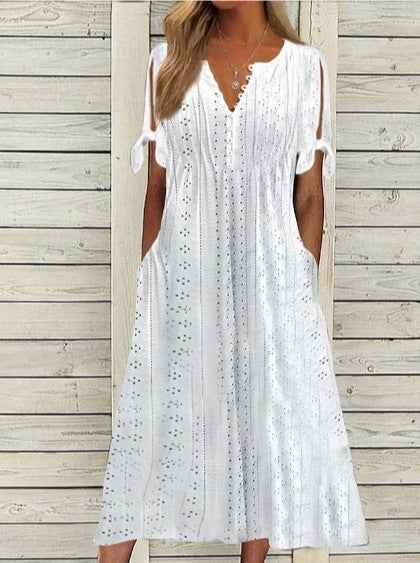 Women's Dress V-Neck Hollow Out Lace Long Dress Women