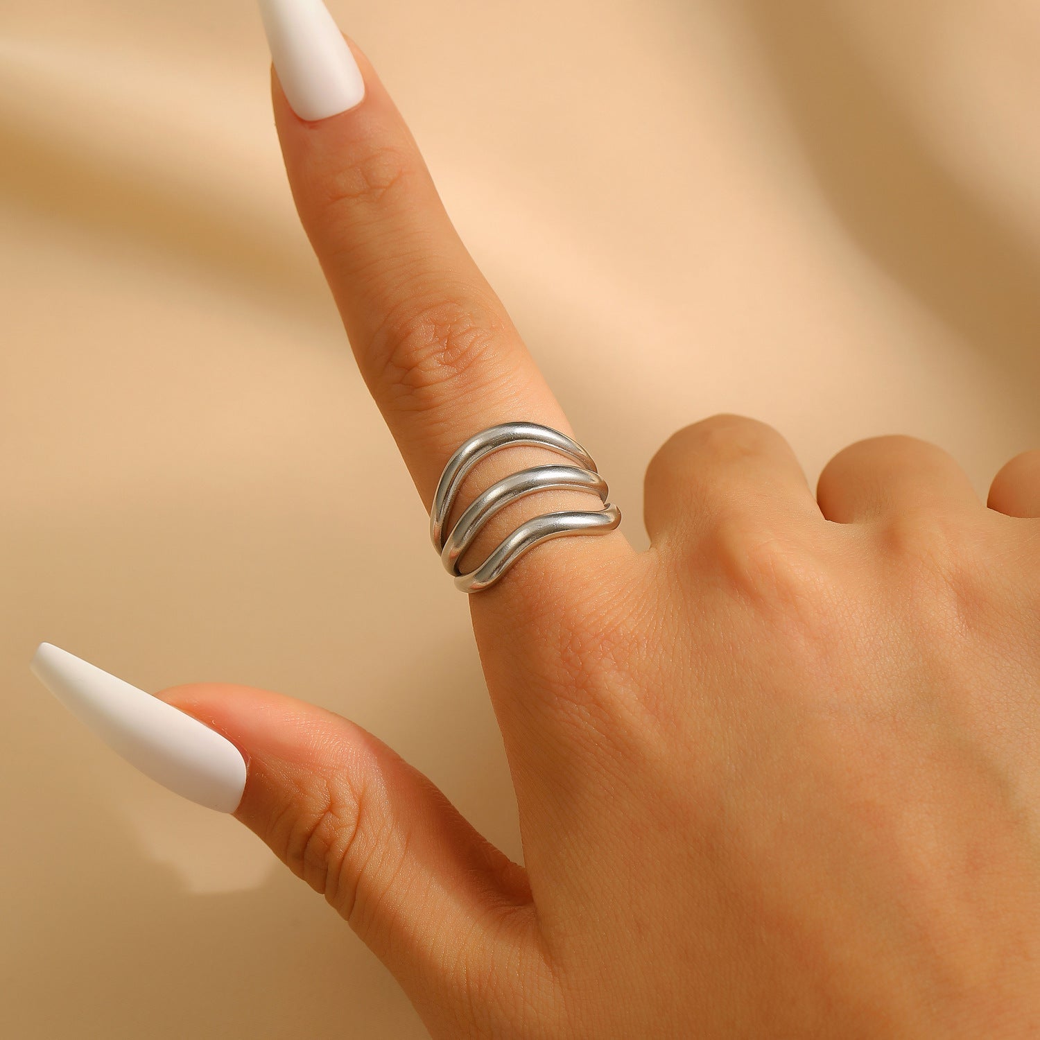 Exaggerated Vintage Stainless Steel Multi-Layer Wavy Ring & Bangle Set Party Banquet