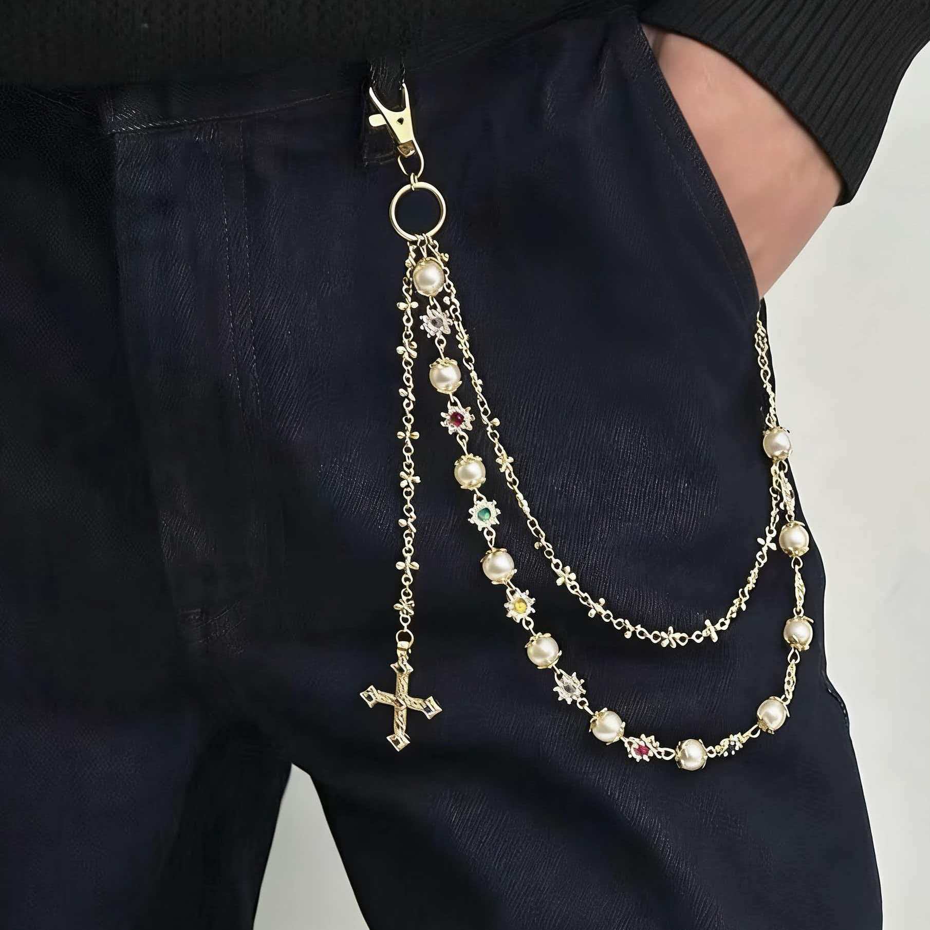 Vintage Multi-Layer Cross Pendant Pearl Flower Color Waist Chain Fashion Pants Chain