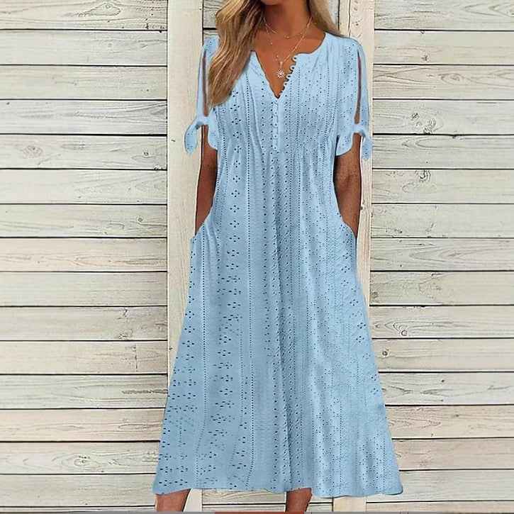 Women's Dress V-Neck Hollow Out Lace Long Dress Women