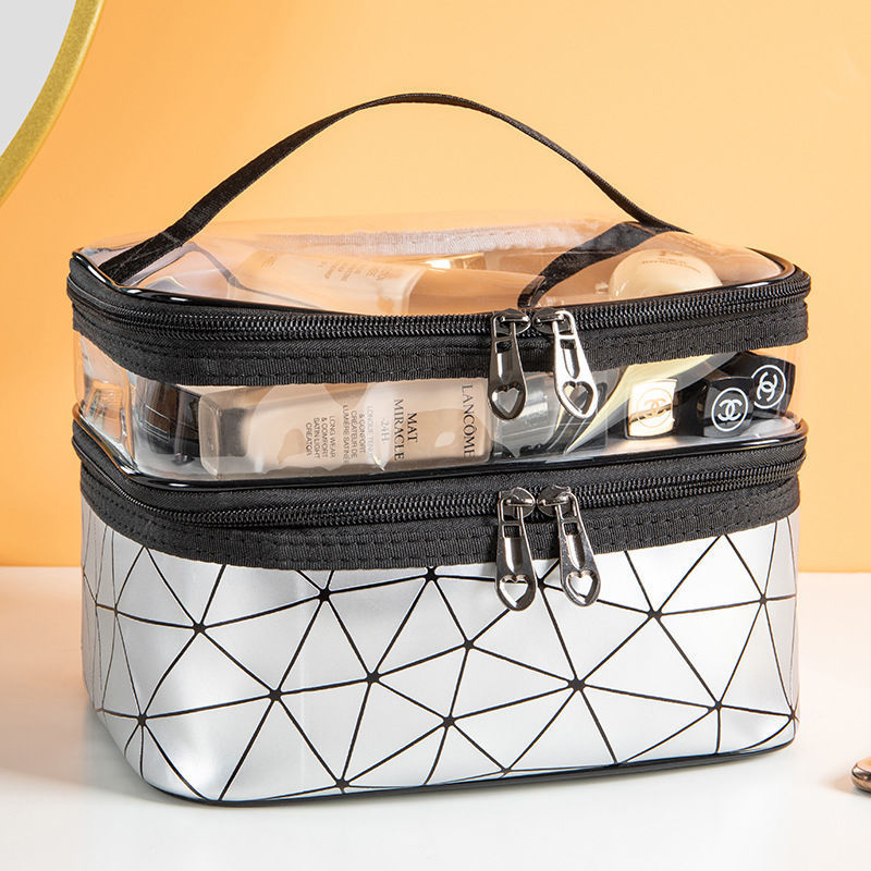 Multifunctional double-layer cosmetic bag, transparent storage bag, travel portable tote bag, large-capacity waterproof toilet bag