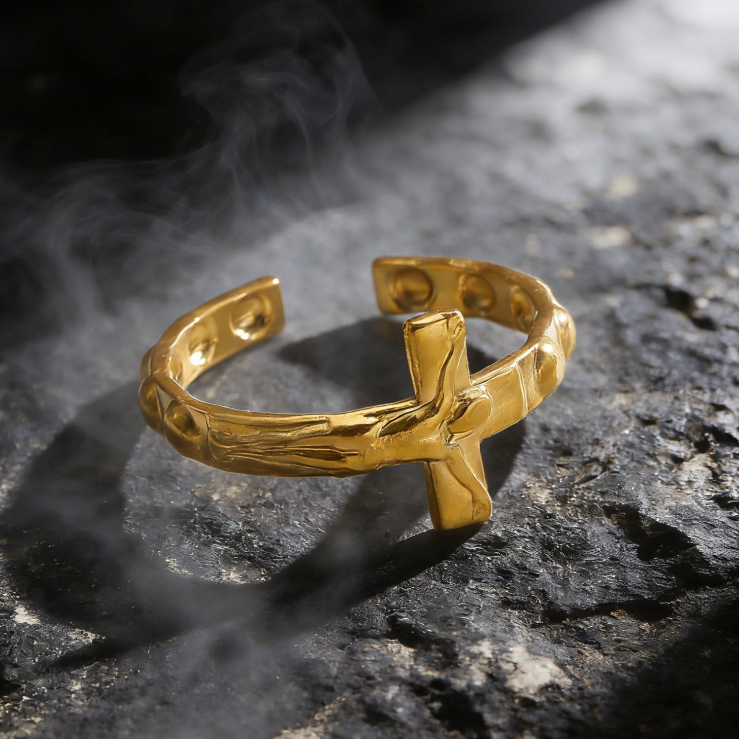 Stainless Steel Cross Portrait Open Ring Vintage Minimalist Unisex Band