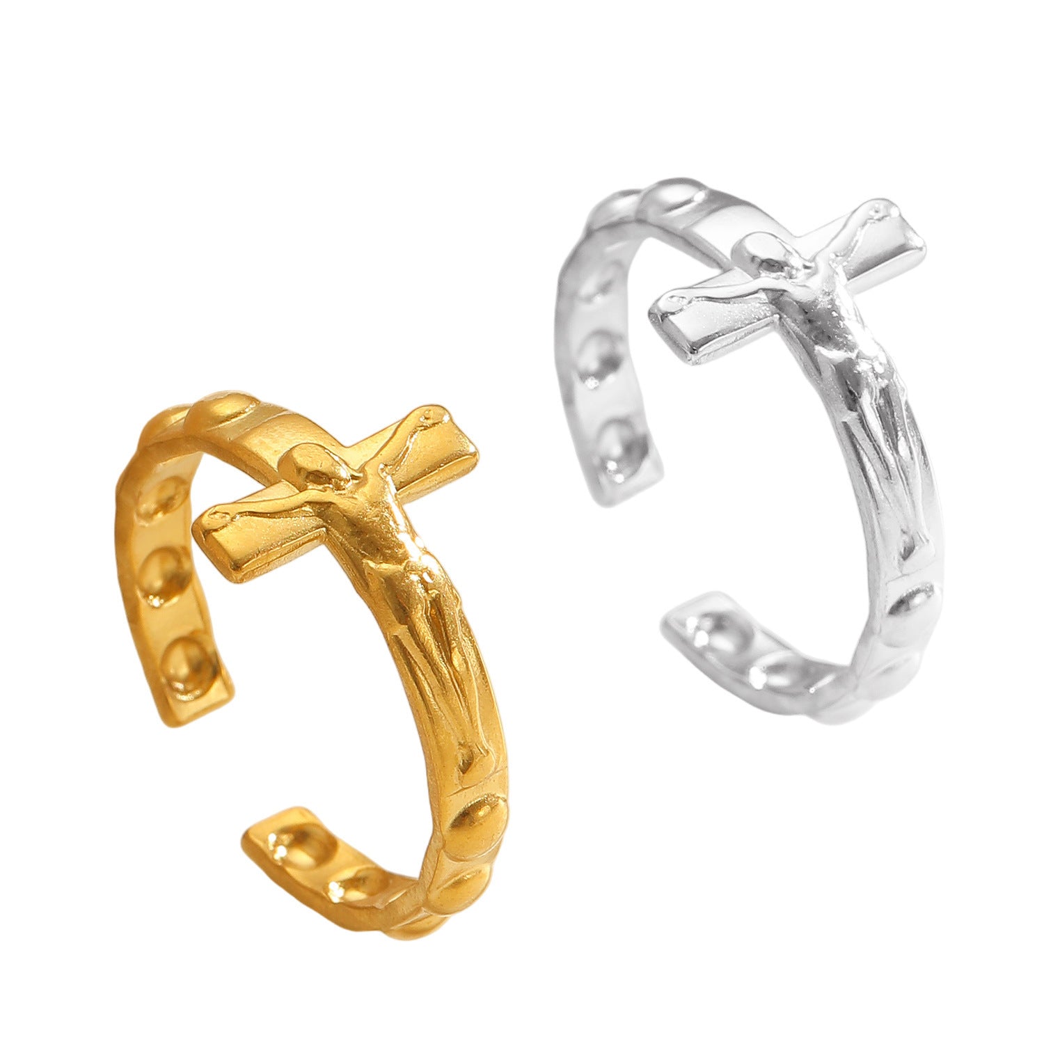 Stainless Steel Cross Portrait Open Ring Vintage Minimalist Unisex Band