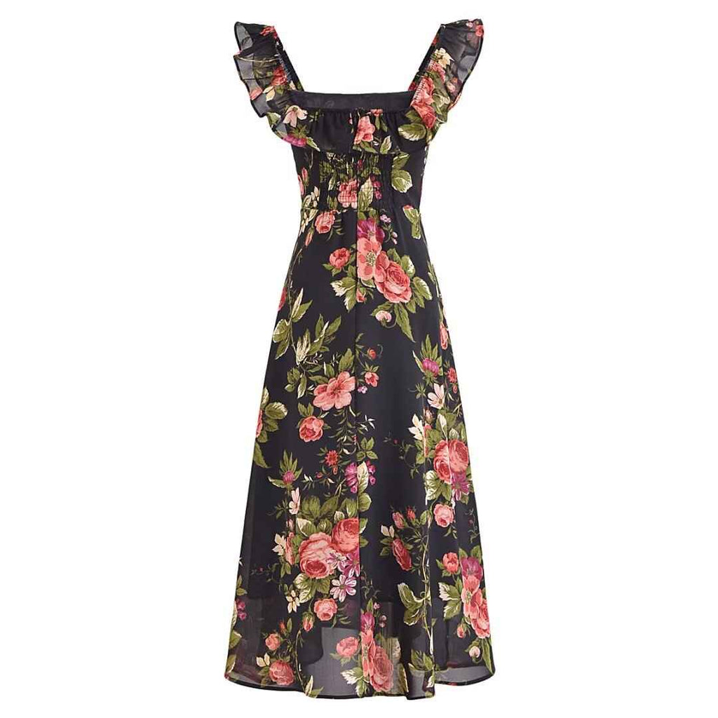 Slim and sexy side split waist mid-length dress, French retro square collar Print Chiffon Dress Bohemian dress
