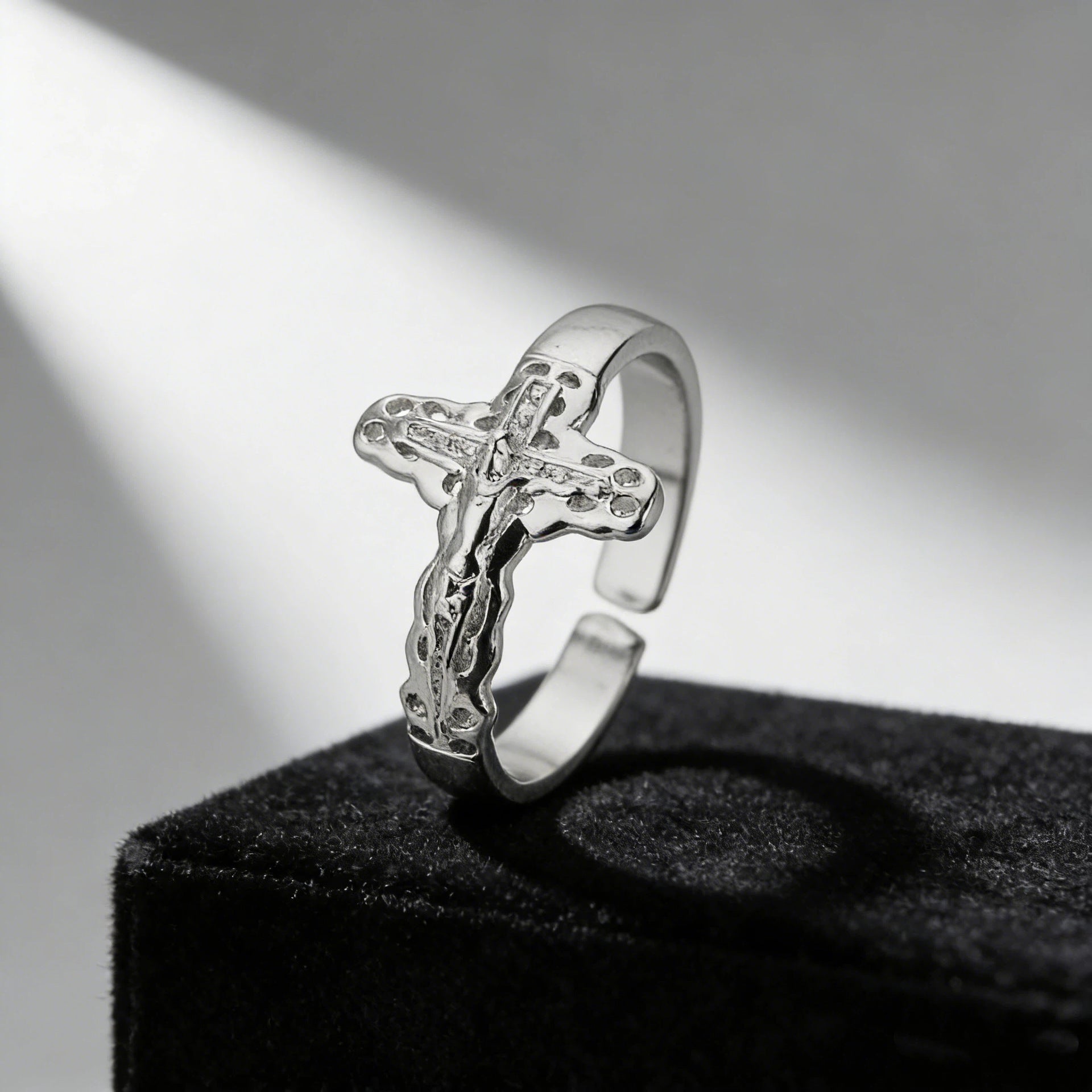 Stainless Steel Cross Portrait Open Ring Vintage Minimalist Unisex Band