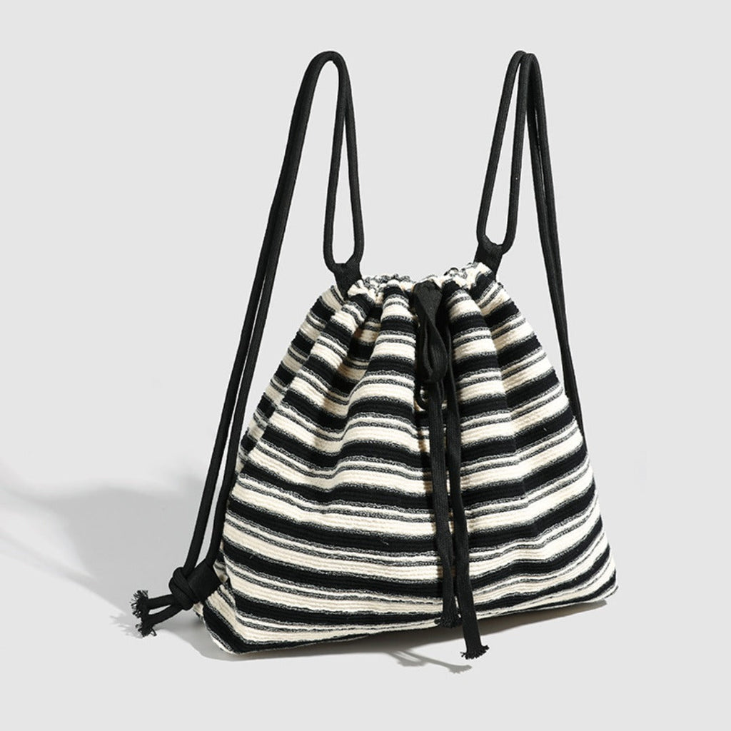 Striped commuter large capacity pumping belt women backpack purse, shoulder versatile fashion women knitted purse backpack, black and white striped backpack women