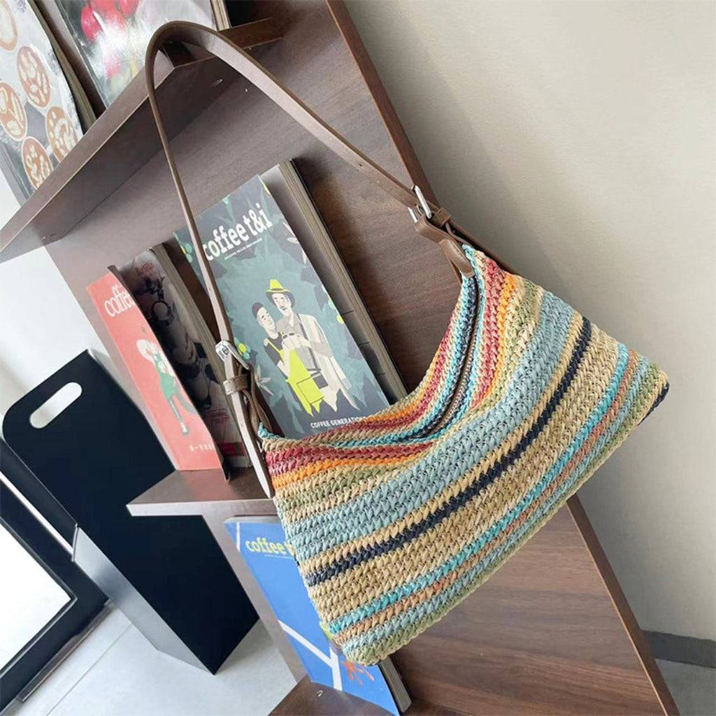 Summer Rainbow Straw Bag for Women – Casual Large Capacity Beach Vacation Shoulder Fashion Bag Hobo
